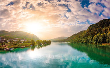 A view down the Moselle River at dusk, Germany A view down the Moselle River at dusk, Germany
